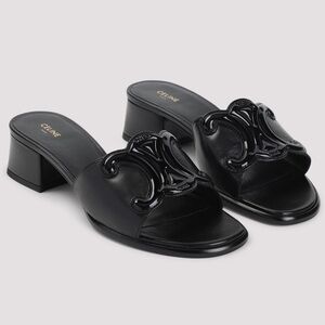 New Celine Black Triomphe Logo Leather Mules